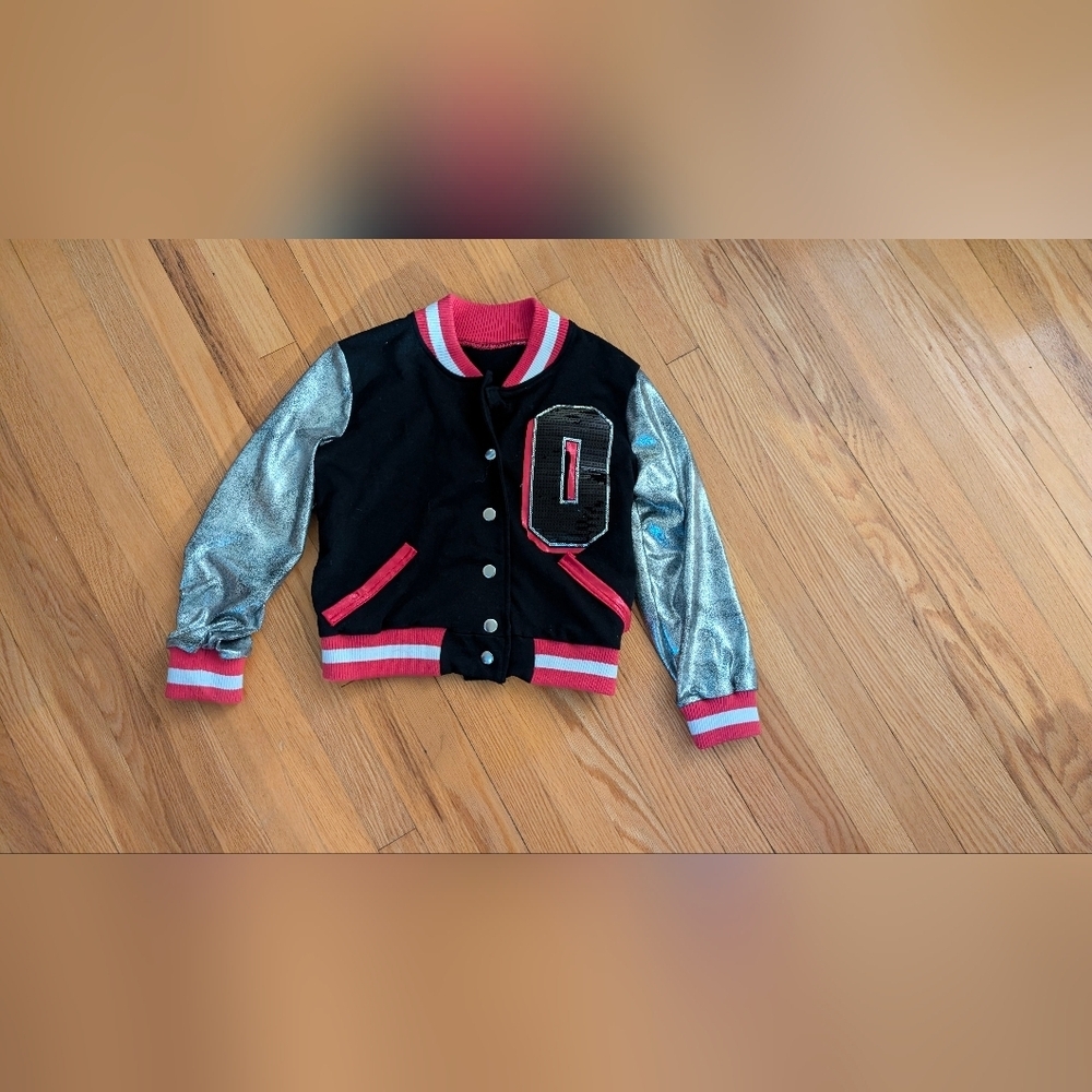 Black and Silver Varsity Jacket with Striped Ribbed Collar